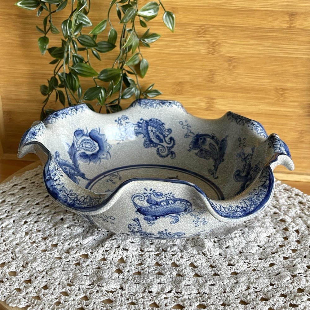Vintage Formalities Baum Bros Blue White Crackle Scalloped Decorative Bowl
